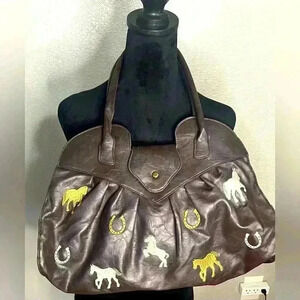 Rare Vintage Brown Leather 
Braciano Satchel Purse With Embroidered Horses